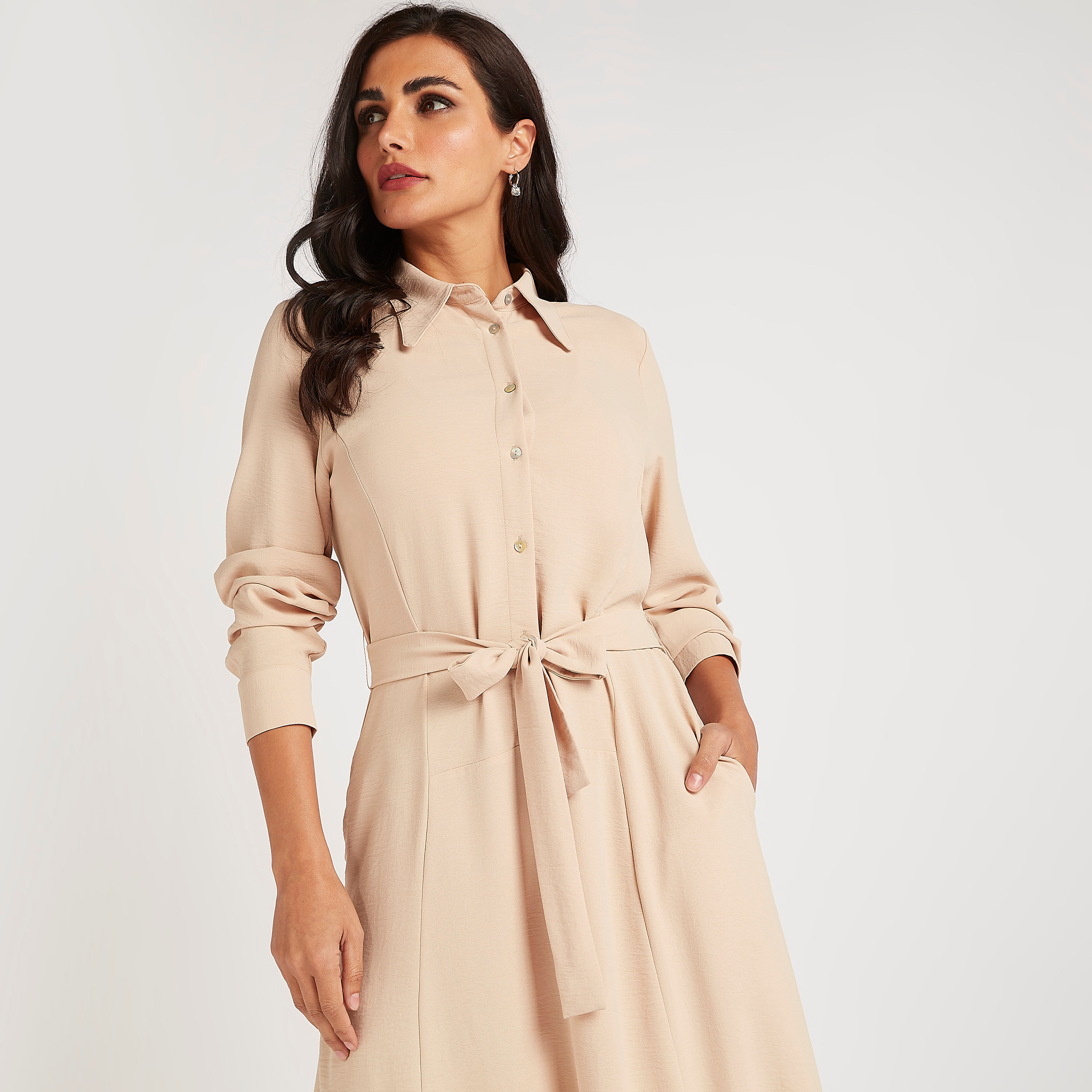 Textured Collared Maxi Shirt Dress with Tie-Up and Slit-women-clothing-dresses-image-6