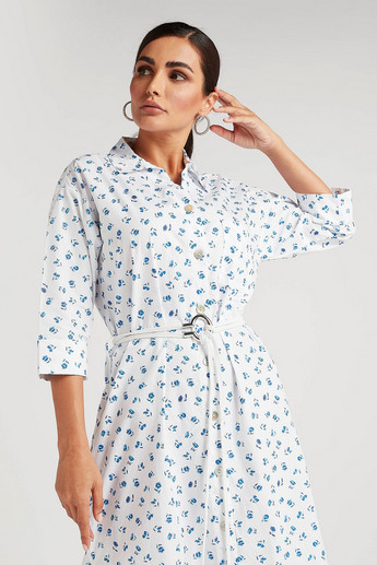 Sustainable Floral Print Midi Shirt Dress with Collar and Belt
