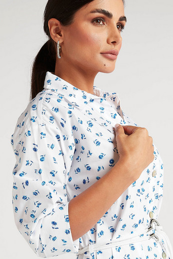 Sustainable Floral Print Midi Shirt Dress with Collar and Belt