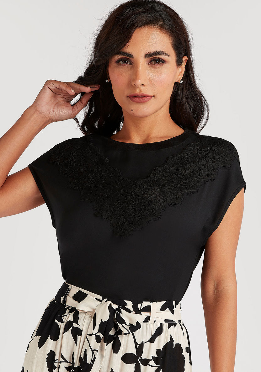 Lace Detailed Crew Neck Top with Cap Sleeves-Shirts & Blouses-image-0