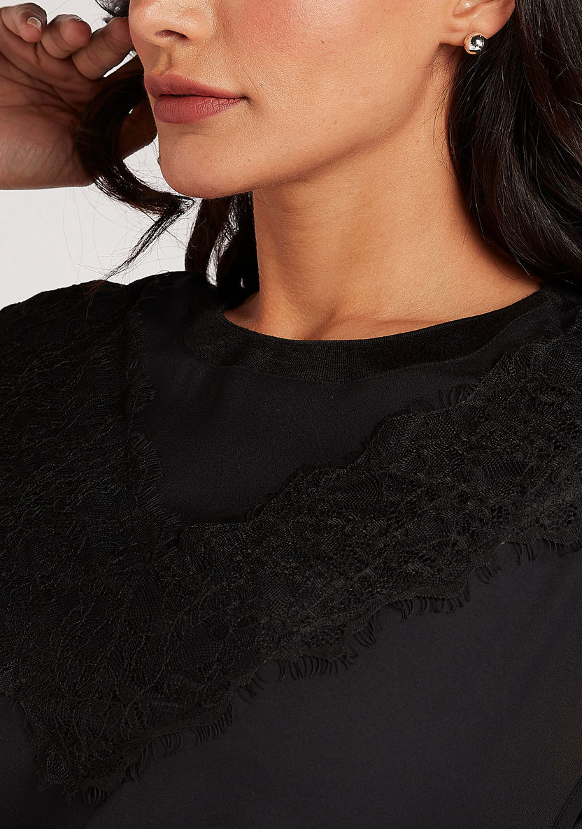 Lace Detailed Crew Neck Top with Cap Sleeves-Shirts & Blouses-image-2
