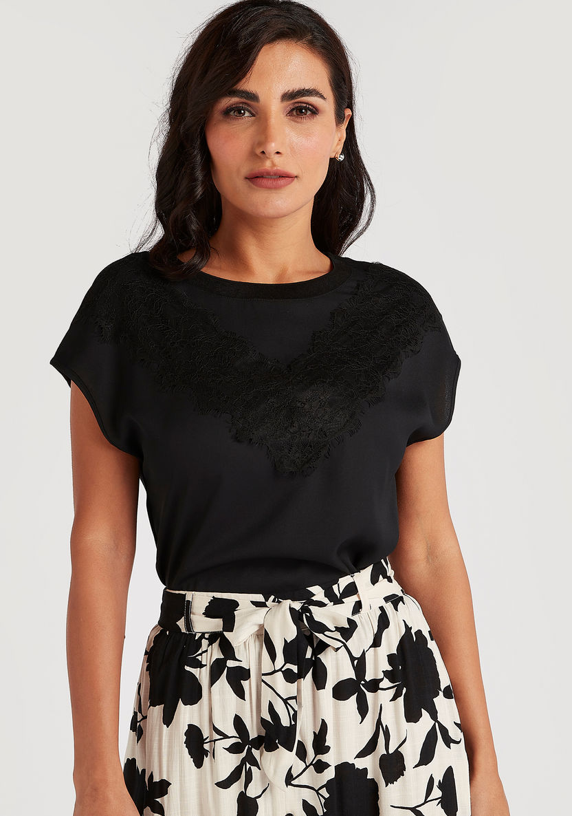 Lace Detailed Crew Neck Top with Cap Sleeves-Shirts & Blouses-image-4