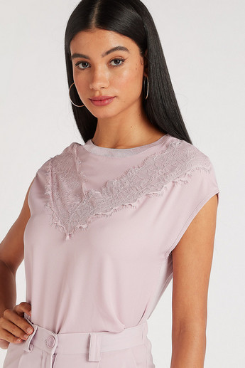 Lace Detailed Crew Neck Top with Cap Sleeves