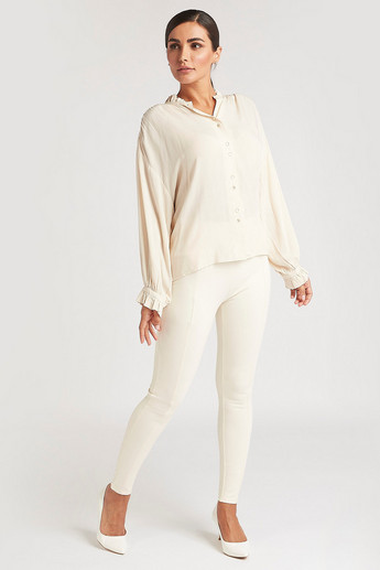 Sustainable Textured Button Up Shirt with Ruffle Detail Mandarin Neck