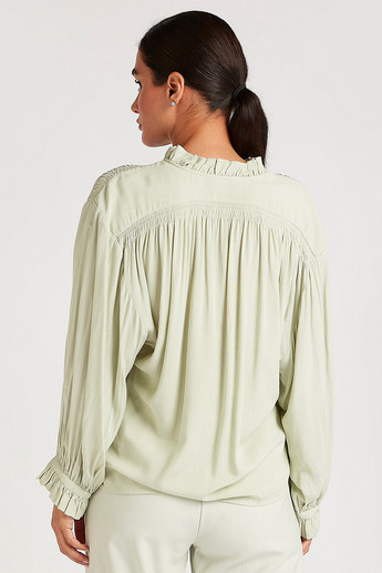 Sustainable Textured Button Up Shirt with Ruffle Detail Mandarin Neck