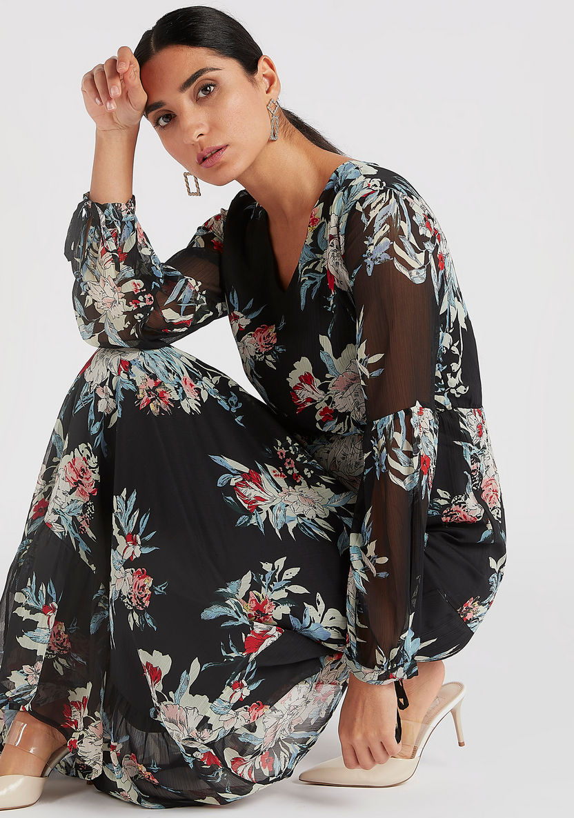 Floral Print Maxi A-line Dress with Long Sleeves-Dresses-image-0