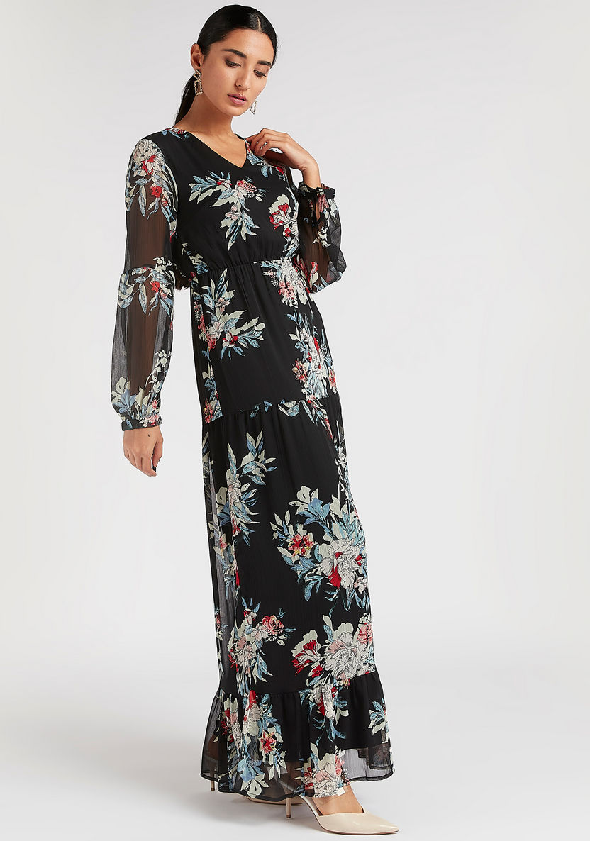 Floral Print Maxi A-line Dress with Long Sleeves-Dresses-image-1