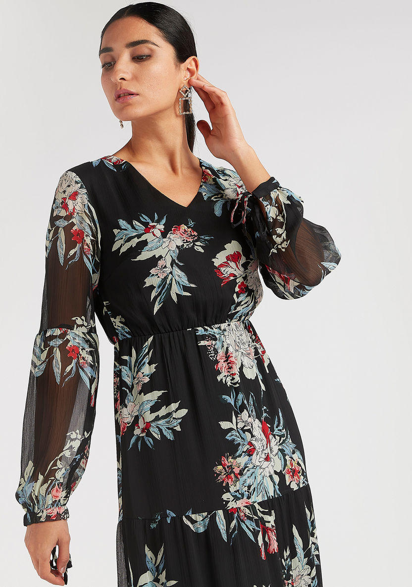 Floral Print Maxi A-line Dress with Long Sleeves-Dresses-image-3
