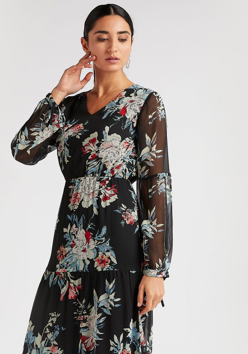 Floral Print Maxi A-line Dress with Long Sleeves-Dresses-image-7