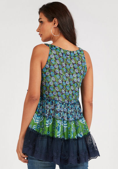 Printed Sleeveless Top with Lace Detail