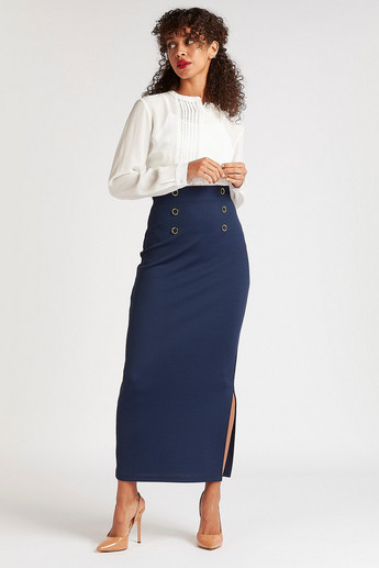 Sustainable Textured Pencil Fit Maxi Skirt with Button Accents