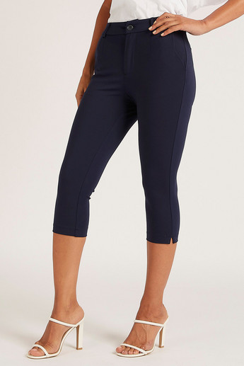 Solid Mid-Rise Cropped Pants with Button Closure