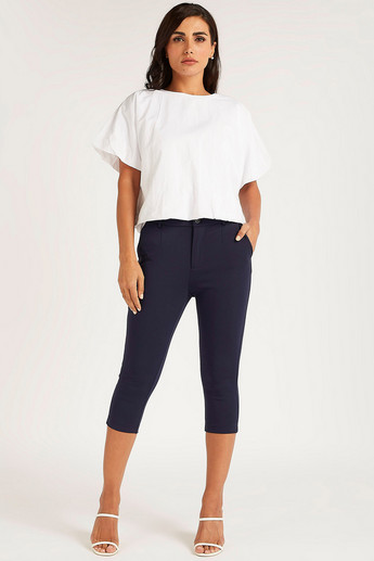 Solid Mid-Rise Cropped Pants with Button Closure