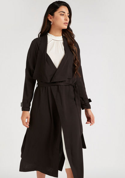 Solid Lightweight Trench Coat with Belt and Buckle Accents