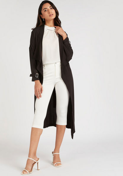 Solid Lightweight Trench Coat with Belt and Buckle Accents