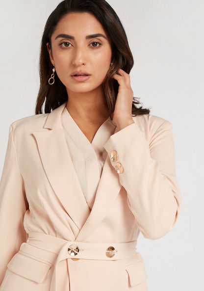 Solid Longline Belted Blazer with Flap Pockets and Long Sleeves