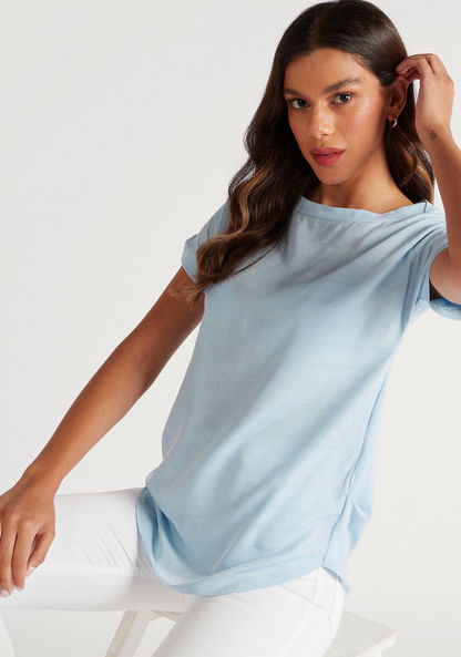 Textured Boat Neck T-shirt with Short Sleeves