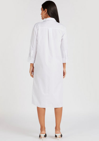 Pleated Midi Shirt Dress with 3/4 Sleeves