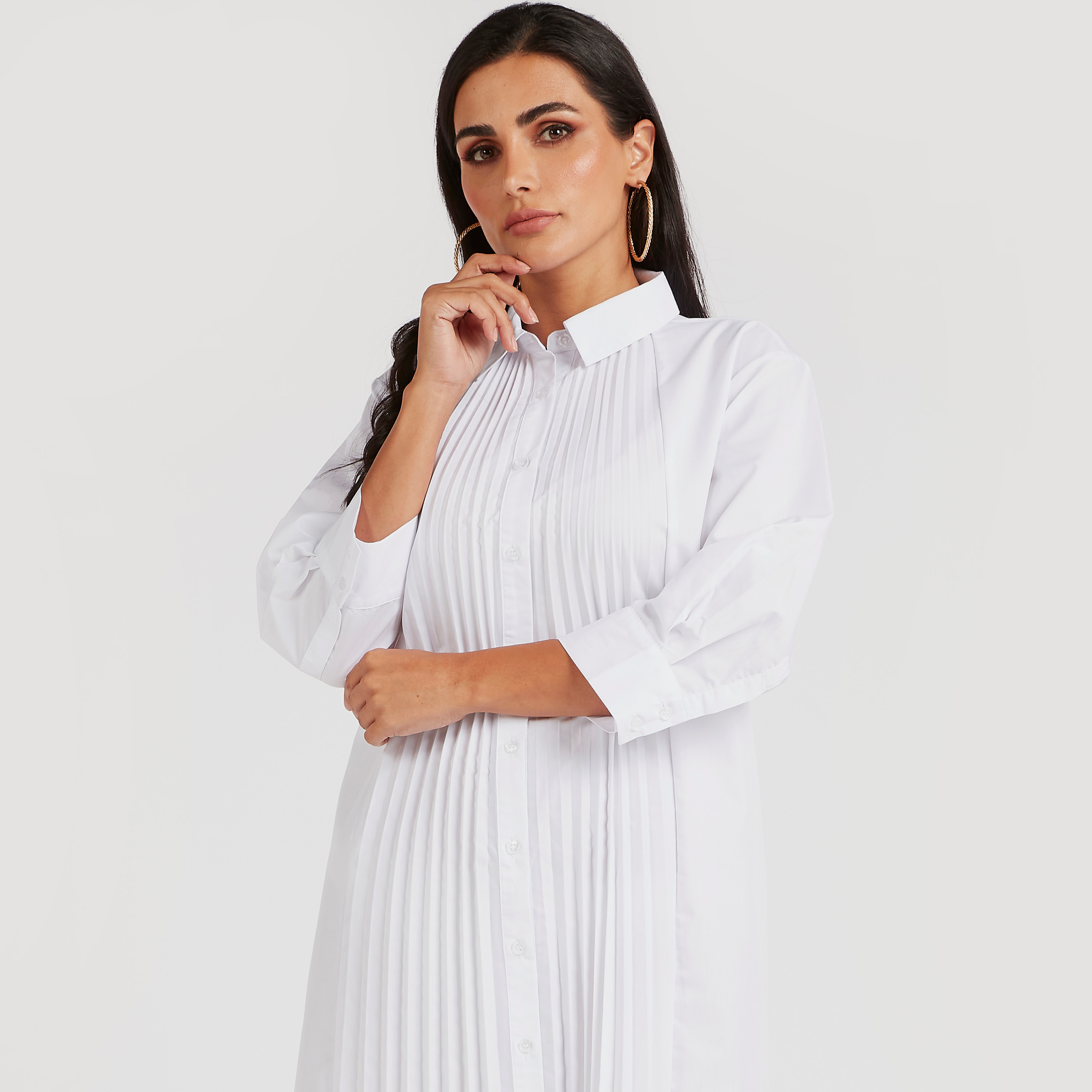 فستان قميص ميدي بكُسرات وأكمام 3/4-women-clothing-dresses-image-6