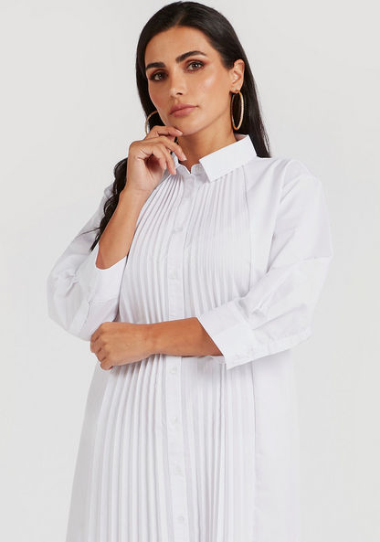 Pleated Midi Shirt Dress with 3/4 Sleeves