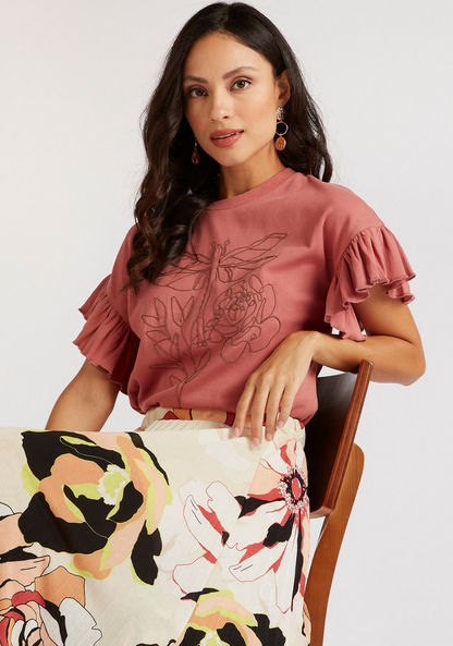 Embellished Crew Neck Top with Short Frill Sleeves
