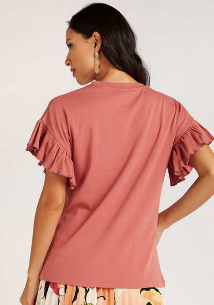 Embellished Crew Neck Top with Short Frill Sleeves