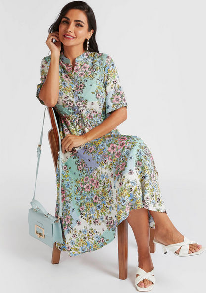 Floral Print Midi A-line Dress with Tie-Ups and Pockets