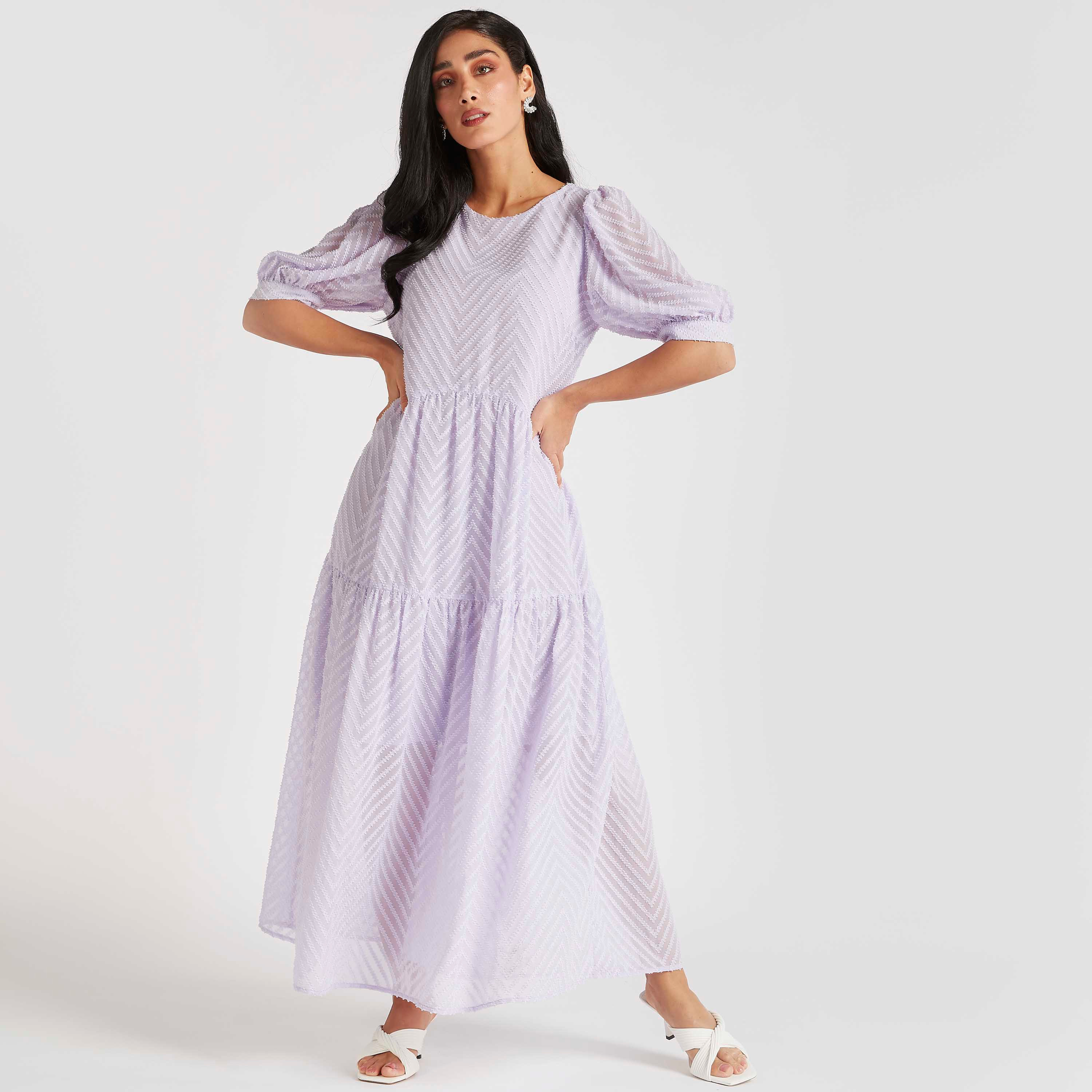 Textured Maxi A-line Dress with Puff Sleeves-women-clothing-dresses-image-1
