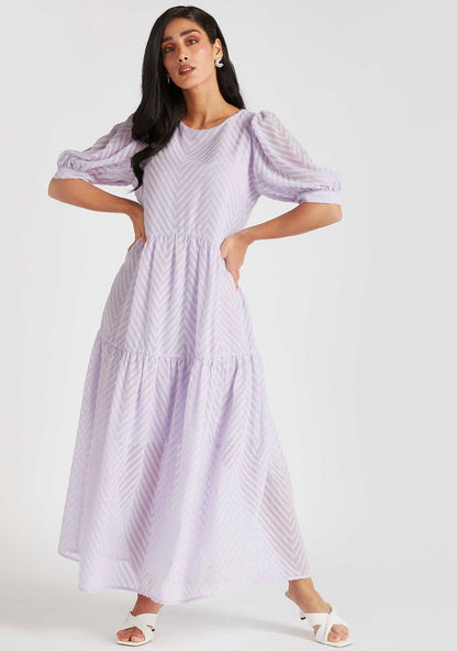 Textured Maxi A-line Dress with Puff Sleeves
