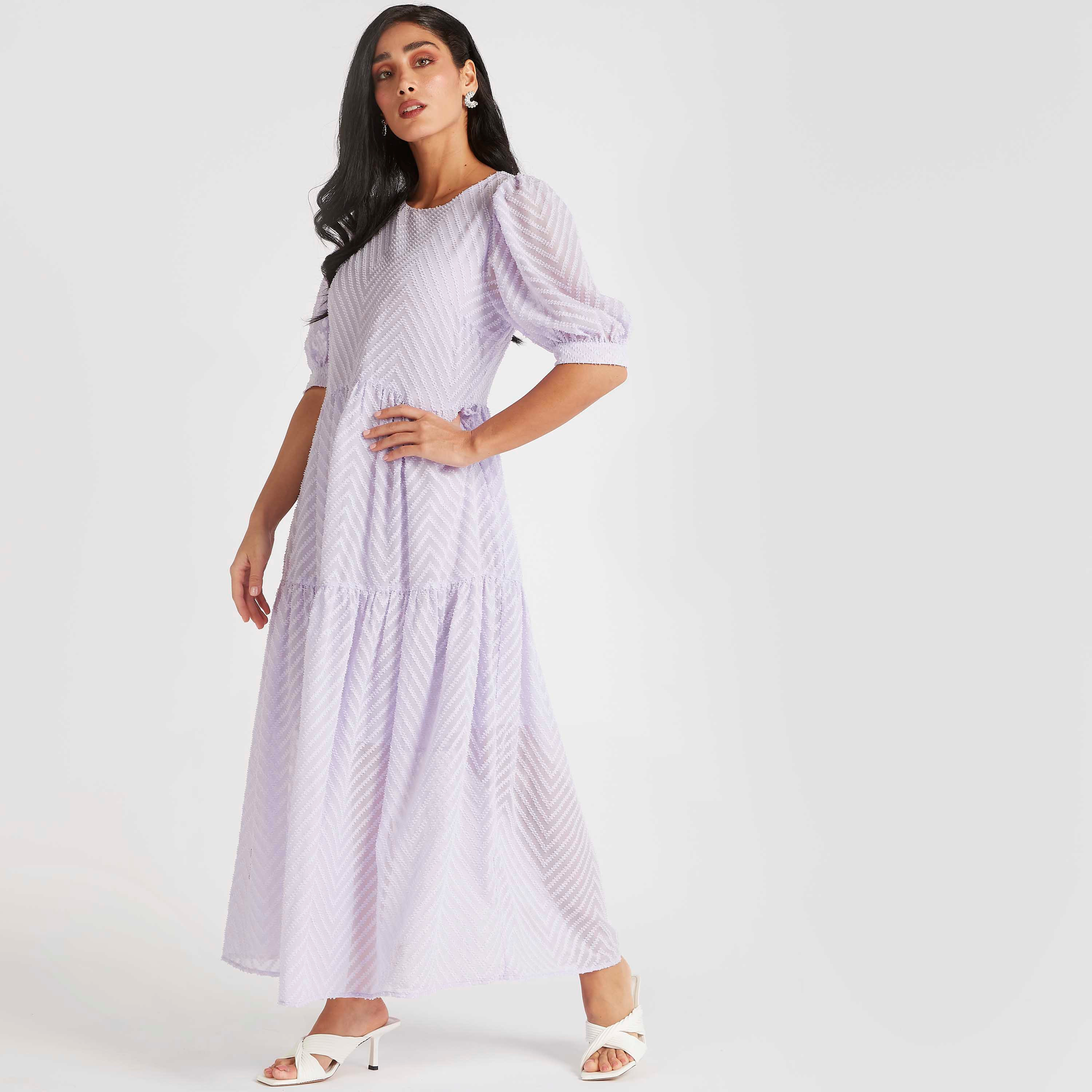 Textured Maxi A-line Dress with Puff Sleeves-women-clothing-dresses-image-2