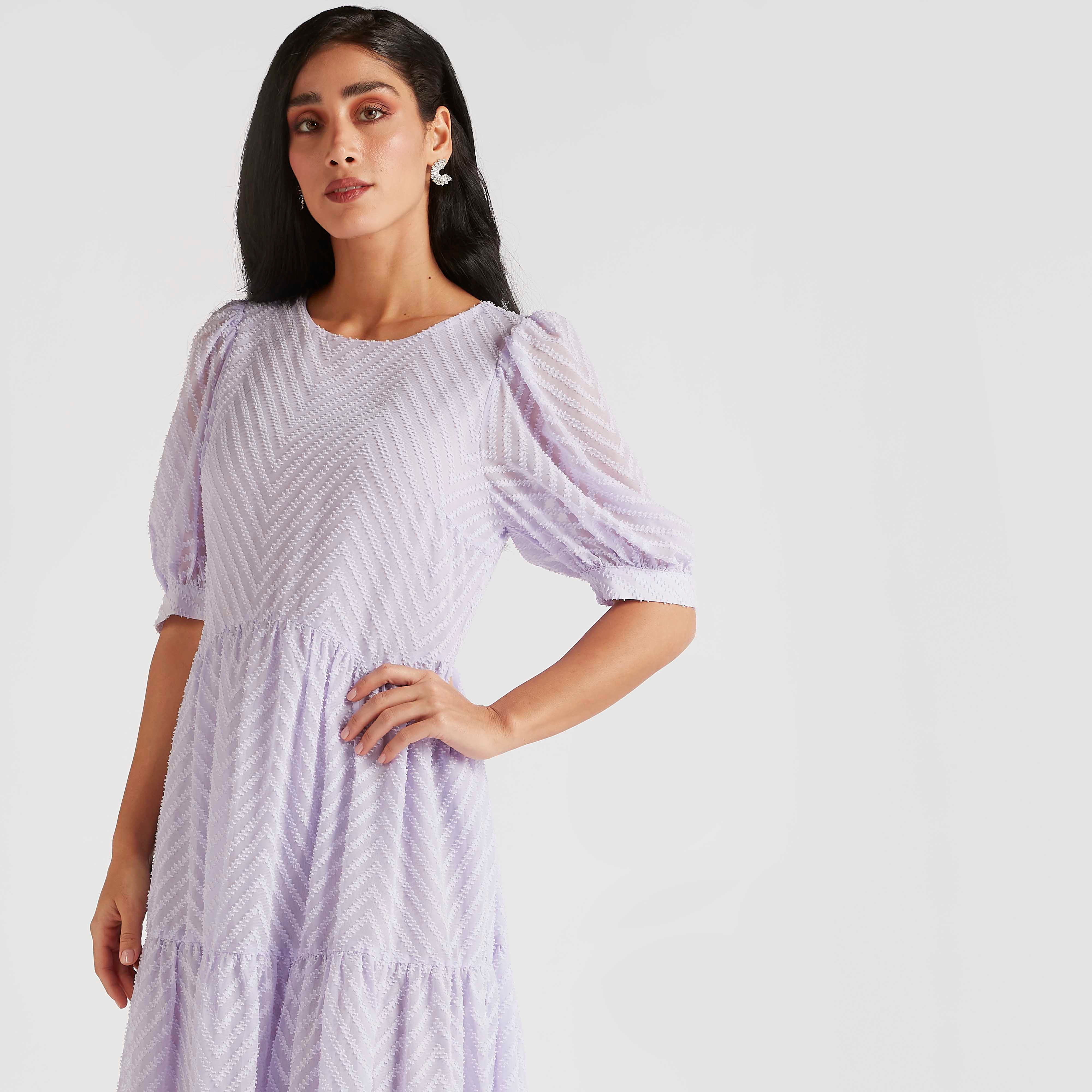 Textured Maxi A-line Dress with Puff Sleeves-women-clothing-dresses-image-5