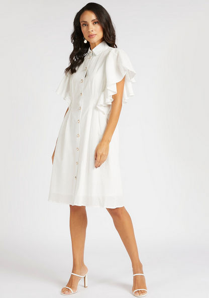 Textured Midi A-line Dress with Ruffled Sleeves