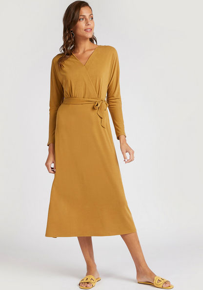 Solid Midi Wrap Dress with Belt and Long Sleeves
