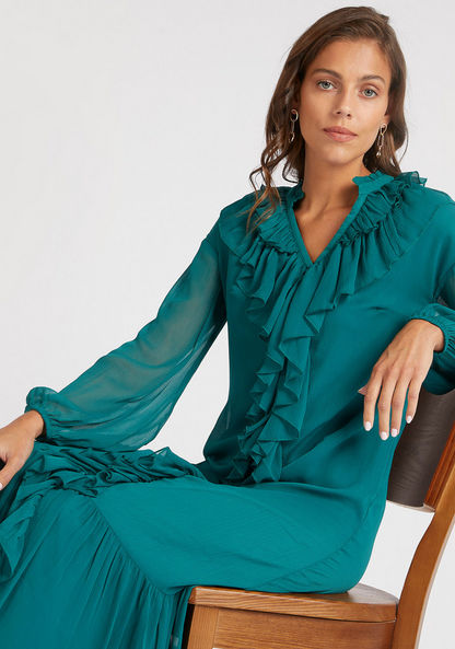 Textured Maxi A-line Dress with Ruffles and Long Sleeves