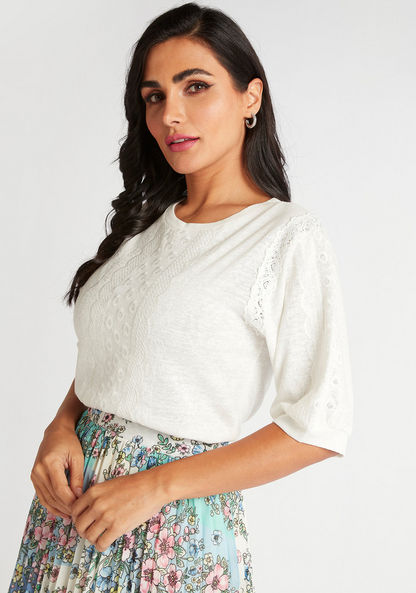 Embroidered Crew Neck Top with Short Sleeves