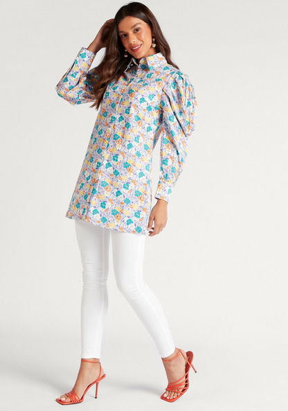 Floral Print Longline Shirt with Long Puff Sleeves