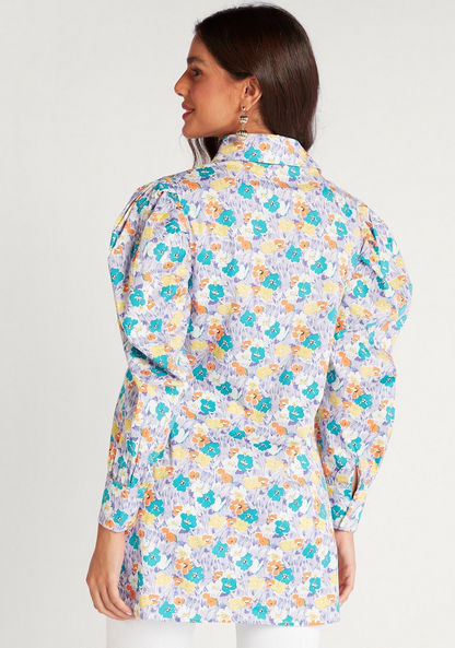 Floral Print Longline Shirt with Long Puff Sleeves