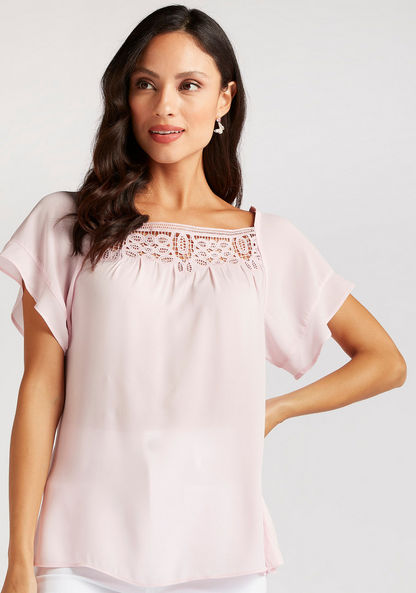 Square Neck Top with Cutwork Design and Bell Sleeves-Shirts & Blouses-image-0