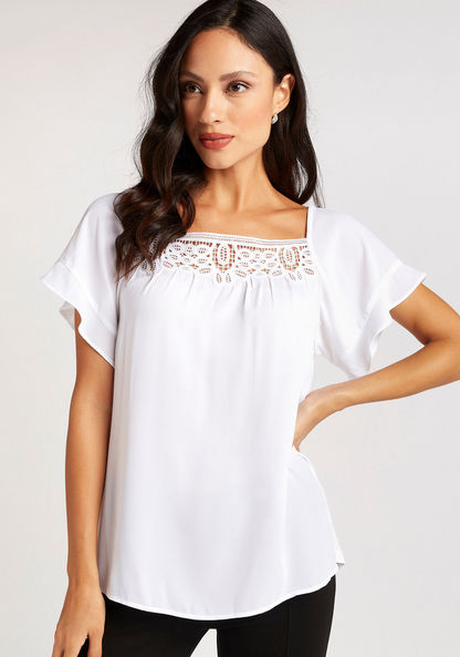 Square Neck Top with Cutwork Design and Bell Sleeves