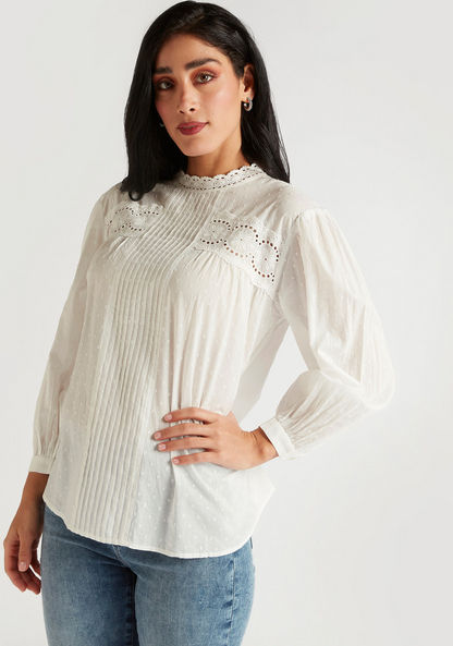Embroidered High Neck Top with Long Sleeves and Pintucks