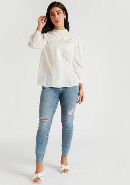 Embroidered High Neck Top with Long Sleeves and Pintucks