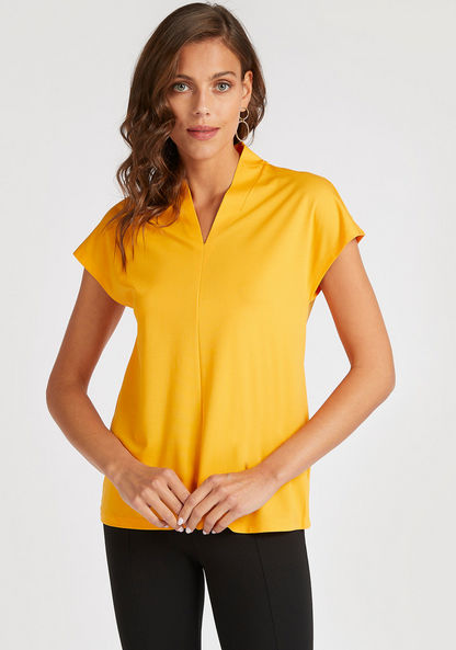 Solid V-neck Top with Cap Sleeves