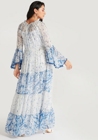 Bead Embellished Maxi Dress with Pom-Pom Lace Detail
