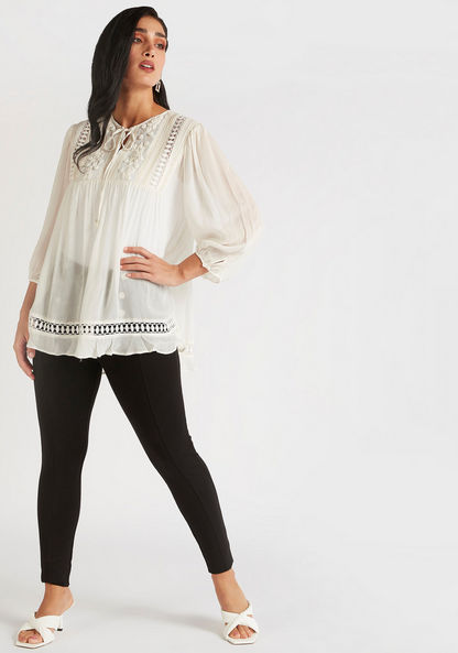 Embroidered Top with Tie-Neck and 3/4 Sleeves