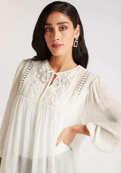 Embroidered Top with Tie-Neck and 3/4 Sleeves