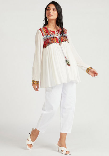 Embroidered Tie-Neck Top with Long Sleeves