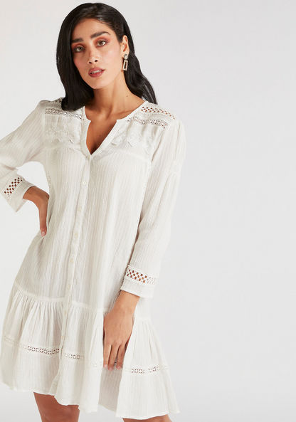 Textured Long Sleeves Tunic with Mandarin Neck and Lace Detailing
