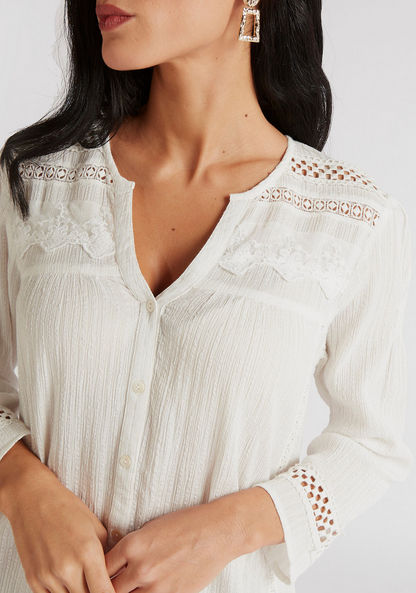 Textured Long Sleeves Tunic with Mandarin Neck and Lace Detailing