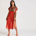 Embroidered A-line Midi Dress with V-neck and Cap Sleeves-Dresses-thumbnail-0