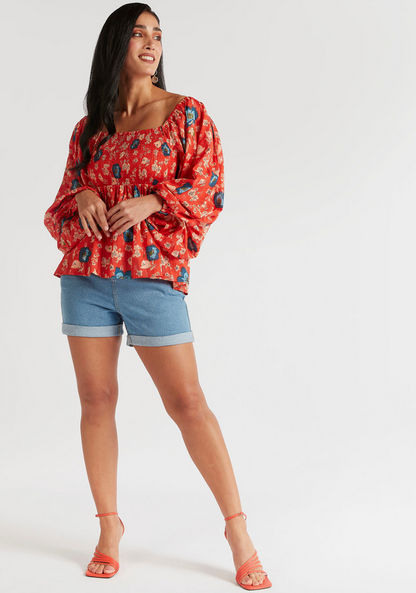 Floral Print Peplum Top with Bardot Neck and Long Sleeves